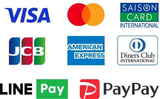 VISA,Master,SAISON,JCB,AMEX,Diners Club, LINE Pay, PayPay